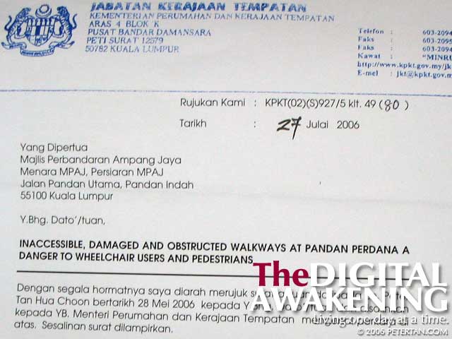 Letter from Jabatan Kerajaan Tempatan to Majlis Perbandaran Ampang Jaya